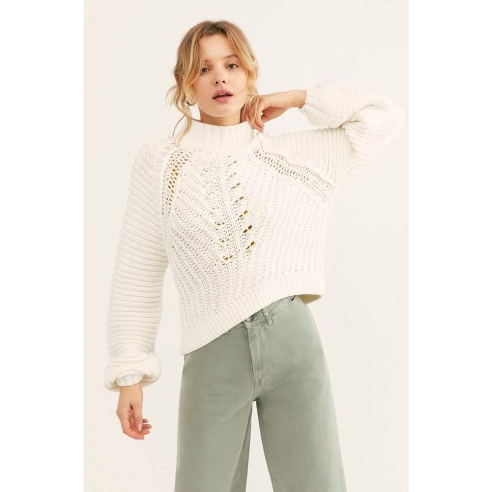 Free People Women’s‎ Chunky Knit Sweetheart Mock Neck Sweater-Ivory- Sz M